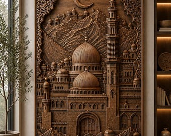 May include: A rectangular wooden wall art piece featuring a detailed relief carving of a mosque with multiple domes, a tall minaret, and mountain landscapes. The upper arch is decorated with intricate Arabic calligraphy and a crescent moon with a star.