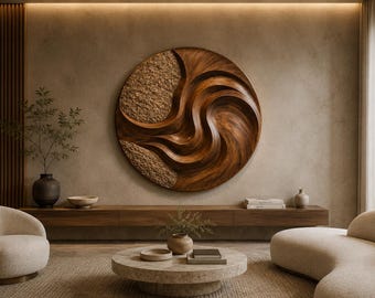 May include: A large circular wall art piece featuring a combination of smooth, dark brown carved wood with flowing, wave-like patterns and a textured, sandy-colored section on the left side, mounted on a neutral-toned wall above a wooden console.