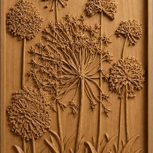 May include: A rectangular wooden wall art piece featuring a relief carving of multiple allium flowers with spherical heads and long stems rising from a base of pointed leaves, all encased within a matching light brown wooden frame.