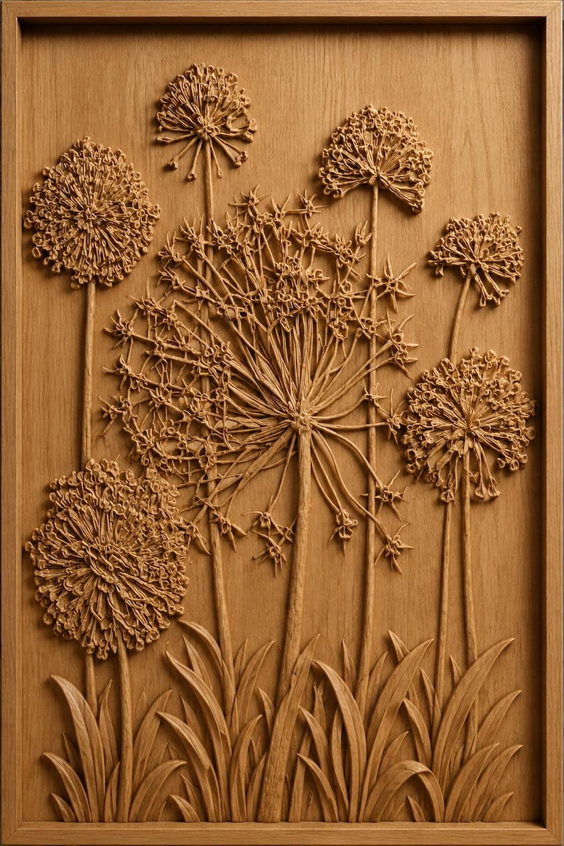 May include: A rectangular wooden wall art piece featuring a relief carving of multiple allium flowers with spherical heads and long stems rising from a base of pointed leaves, all encased within a matching light brown wooden frame.