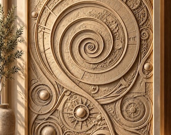 May include: A rectangular wall panel featuring a large, central spiral relief carving. The beige surface displays intricate geometric patterns, circular motifs, and Roman numerals, creating a textured, layered appearance with soft, warm lighting.