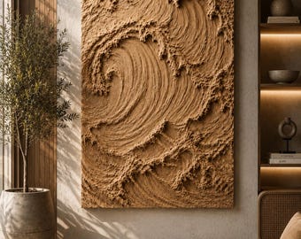 May include: A large rectangular wall art piece featuring a tan, monochromatic, three-dimensional textured surface with deep, swirling patterns that resemble crashing ocean waves, mounted vertically on a smooth, light-colored interior wall.