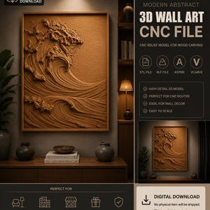 Ocean Wave CNC Relief File STL RLF Aspire VCarve ArtCAM Wood Carving Model image 1