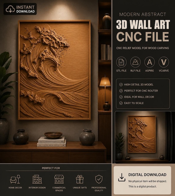Ocean Wave CNC Relief File STL RLF Aspire VCarve ArtCAM Wood Carving Model