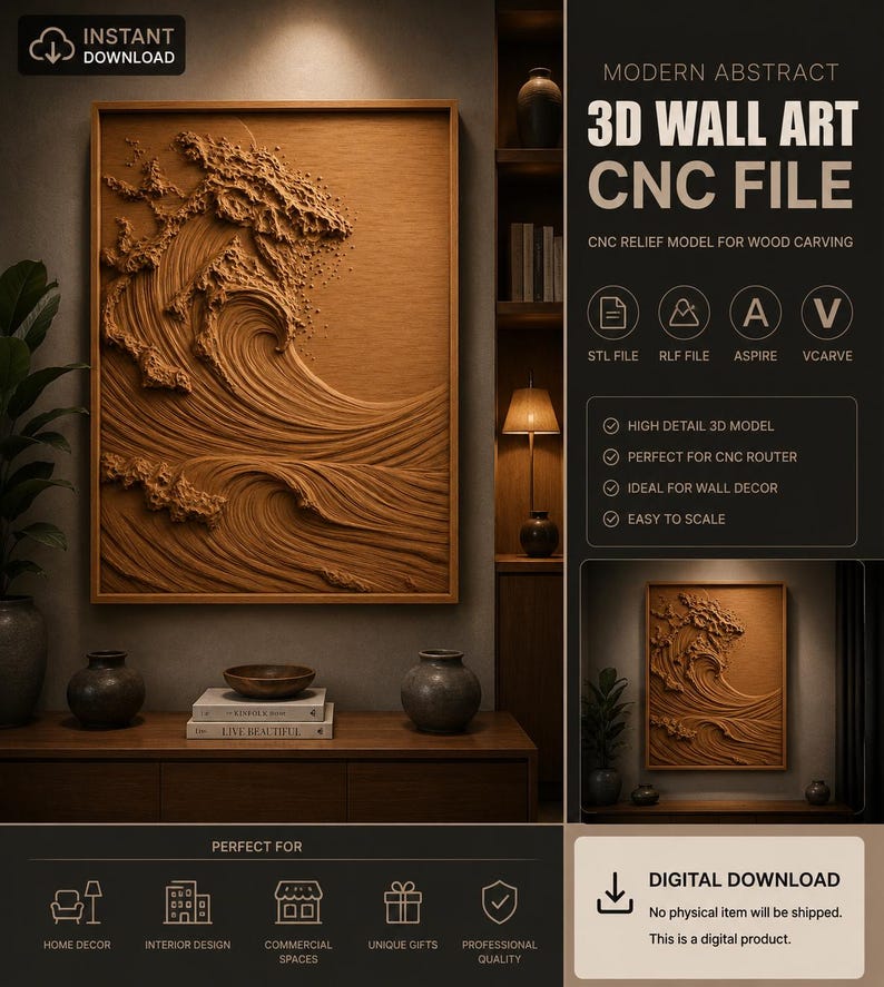 Ocean Wave CNC Relief File STL RLF Aspire VCarve ArtCAM Wood Carving Model image 1