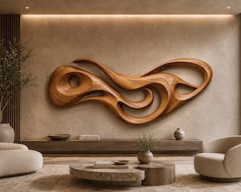 May include: A large, horizontal wall sculpture crafted from polished brown wood, featuring fluid, interconnected organic curves and hollow voids that create a continuous, flowing shape mounted centrally on a smooth, neutral-toned wall surface.