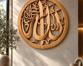 May include: A circular light brown wooden wall art piece featuring intricate, carved Arabic calligraphy. The design is enclosed within a circular wooden frame, showcasing natural wood grain textures and a detailed, layered relief pattern.