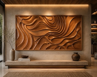 May include: A large rectangular wooden wall art piece featuring deep, flowing, three-dimensional carved waves. The natural brown wood grain is visible throughout the intricate, undulating surface, which is framed in a simple, matching wood border.