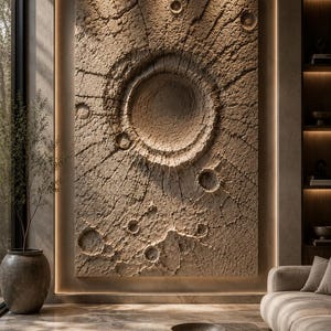 Puede incluir: Una gran pieza de arte mural rectangular con una superficie beige texturizada y llena de cráteres que recuerda al paisaje lunar. La obra presenta una profunda depresión circular central rodeada de cráteres más pequeños y líneas radiales.