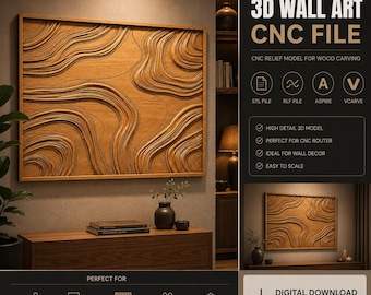 May include: A rectangular wooden wall art panel featuring a 3D relief design of flowing, topographic-style lines and dotted textures. The digital file listing includes text labels for STL, RLF, Aspire, and VCarve formats for CNC wood carving.