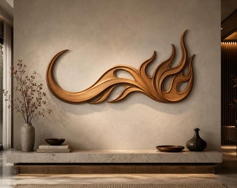 May include: A large, horizontal wall sculpture crafted from light brown wood, featuring fluid, organic, flame-like curves and intricate carved details that create a sense of movement across the surface of the wall art piece.