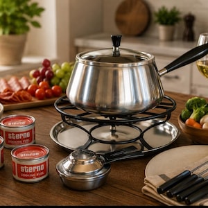 May include: A stainless steel fondue pot with a black handle and lid, resting on a black metal stand. The set includes three red and white Sterno cooking fuel cans, a fuel burner, and several fondue forks with black handles arranged on a napkin.