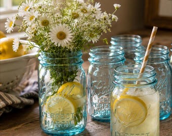 Set of 10 Antique Aqua Ball Mason Jars | 6 Original Zinc Lids, Farmhouse Decor