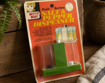 Rare Betty Best Push Button Salt & Pepper Dispenser NOS Sealed Vintage Kitchen Gadget Mid Century Modern Olive Green Hong Kong