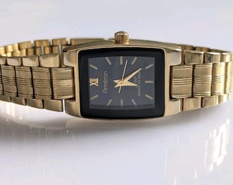 Orologio vintage Armitron Now color oro, quadrante rettangolare nero e bracciale, orologio minimalista anni '90, orologio retrò color oro