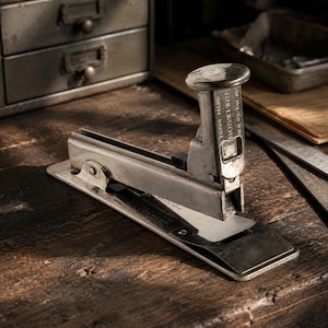 May include: A vintage silver-toned metal stapler with a vertical handle and a flat base. The side of the handle features embossed text that reads TRADE MARK BOSTITCH REG U.S. PAT. OFF. The stapler has a weathered, industrial appearance.