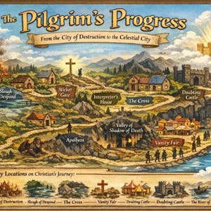 Pode incluir: Ilustração de um mapa intitulado "The Pilgrim's Progress", que retrata uma jornada da Cidade da Destruição para a Cidade Celestial. O mapa apresenta locais-chave como o Charco do Desespero e a Feira das Vaidades.