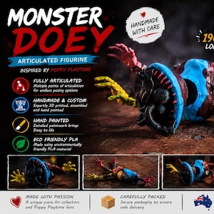 May include: A Monster Doey articulated figurine, inspired by Poppy Playtime, is 7.5 inches long. The handmade and custom figurine is 3D printed, hand-painted, and fully articulated. The figure features blue, red, yellow, and black colors.