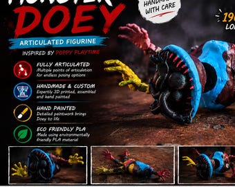 Monster Doey Articulated Figure – Handmade Poppy Playtime Inspired Toy – 19cm Poseable Horror Collectible – 3D Printed Gift