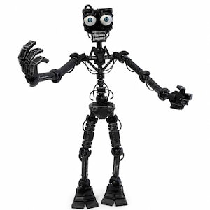 以下が含まれることがあります： 黒いロボットのエンドスケルトンのフィギュア。機械的なフレーム、露出したワイヤー、関節、そして青い虹彩を持つ大きな丸い白い目をした頭部が特徴です。フィギュアは腕を広げて直立した姿勢で立っています。