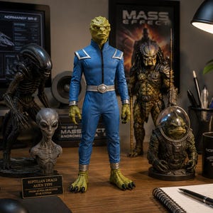 レプティリアン ドラコ エイリアン 置物 |アルファ・ドラコニス SF 像、手描き PLA (22 cm)