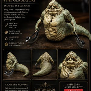 May include: A custom-made Rotta the Hutt figurine featuring a textured, pale green, slug-like creature with a muscular torso, holding two curved blades. The figure measures 11cm high and 16cm long, displaying detailed skin folds and a stern facial expression.