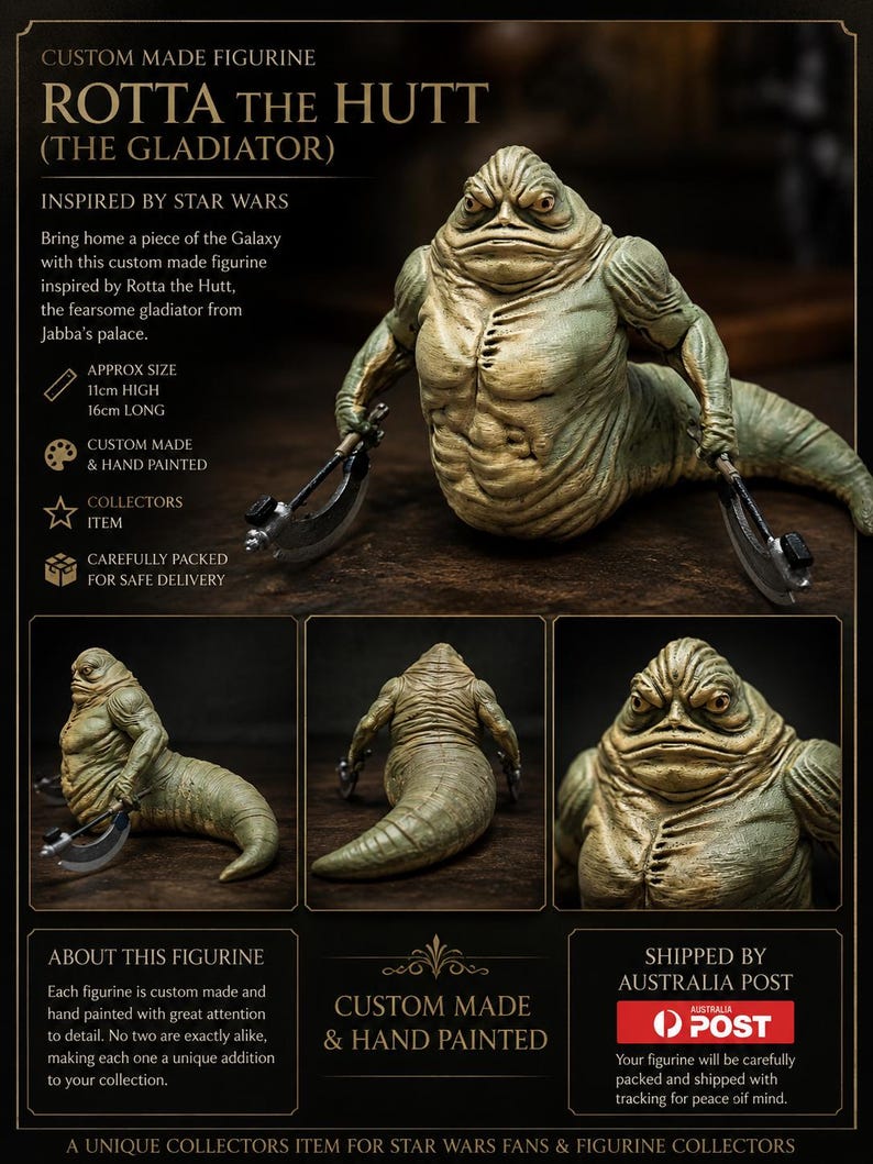 May include: A custom-made Rotta the Hutt figurine featuring a textured, pale green, slug-like creature with a muscular torso, holding two curved blades. The figure measures 11cm high and 16cm long, displaying detailed skin folds and a stern facial expression.