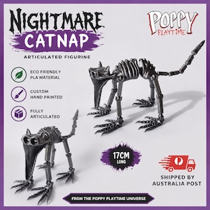 May include: Two articulated Nightmare Catnap figurines from the Poppy Playtime universe. The dark grey skeletal figures feature long snouts, large eye sockets, and jointed limbs. Text includes Nightmare Catnap, Poppy Playtime, and 17cm long.