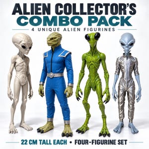 May include: Alien Collector's Combo Pack featuring four unique alien figurines, each 22 cm tall. The set includes a pale grey alien, a green alien in a blue uniform, a textured green alien, and a grey alien in a metallic silver jumpsuit.