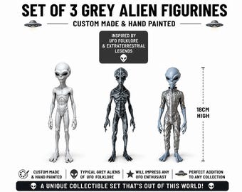 May include: A set of three grey alien figurines, custom made and hand painted. The text reads SET OF 3 GREY ALIEN FIGURINES, CUSTOM MADE & HAND PAINTED, INSPIRED BY UFO FOLKLORE & EXTRATERRESTRIAL LEGENDS, 18CM HIGH, and A UNIQUE COLLECTIBLE SET THAT'S OUT OF THIS WORLD!