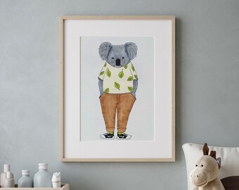 Koala print, koala art print, koala Illustration, Koala Drawing, Art for Children, Nursery Wall Decor, Children Art, Anthropomorphic, Koala