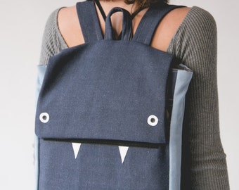 Blue Laptop Backpack, Blue Backpack, Canvas Backpack, Monster Backpack, Cute Backpack, Blue Laptop Bag, School Backpack, Vegan backpack