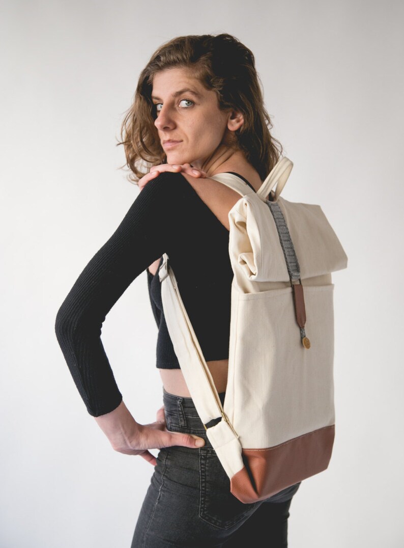 Canvas Backpack White Backpack Rolltop Backpack Laptop Etsy