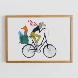 Impresión de arte de la amistad, impresión de arte de bicicleta, ilustración de bicicleta, ilustración de zorro, impresión de arte de perro, ilustración de bicicleta, arte de Tel Aviv, arte lindo