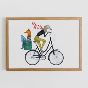 Friendship Art Print, Bicycle Art print, Bike Illustration, Fox Illustration, Dog Art Print, Bicycle Illustration, Tel Aviv Art, Cute Art imagem 1