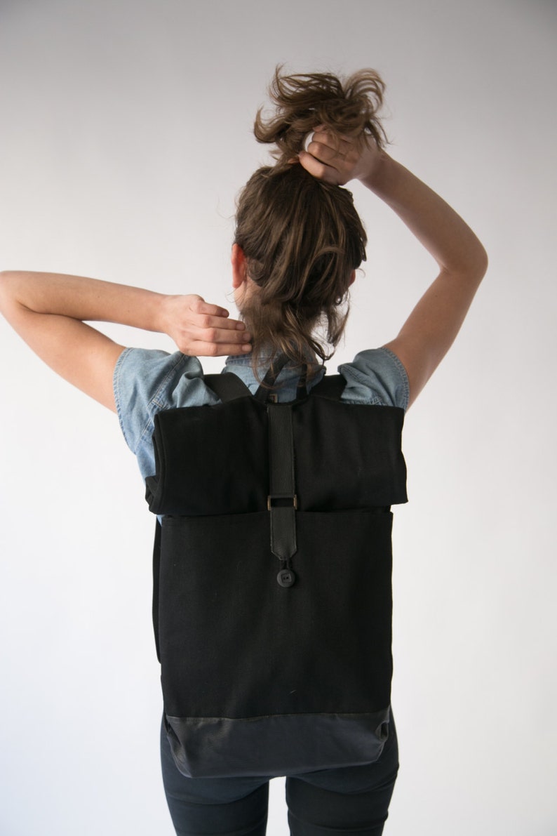 Black Laptop Backpack, Black Leather Backpack, Vegan Backpack, Rolltop