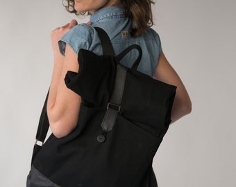 Black Laptop Backpack Black Leather Backpack Vegan Backpack Rolltop Backpack Minimalist Backpack Canvas Backpack Big Black Bag Etsy