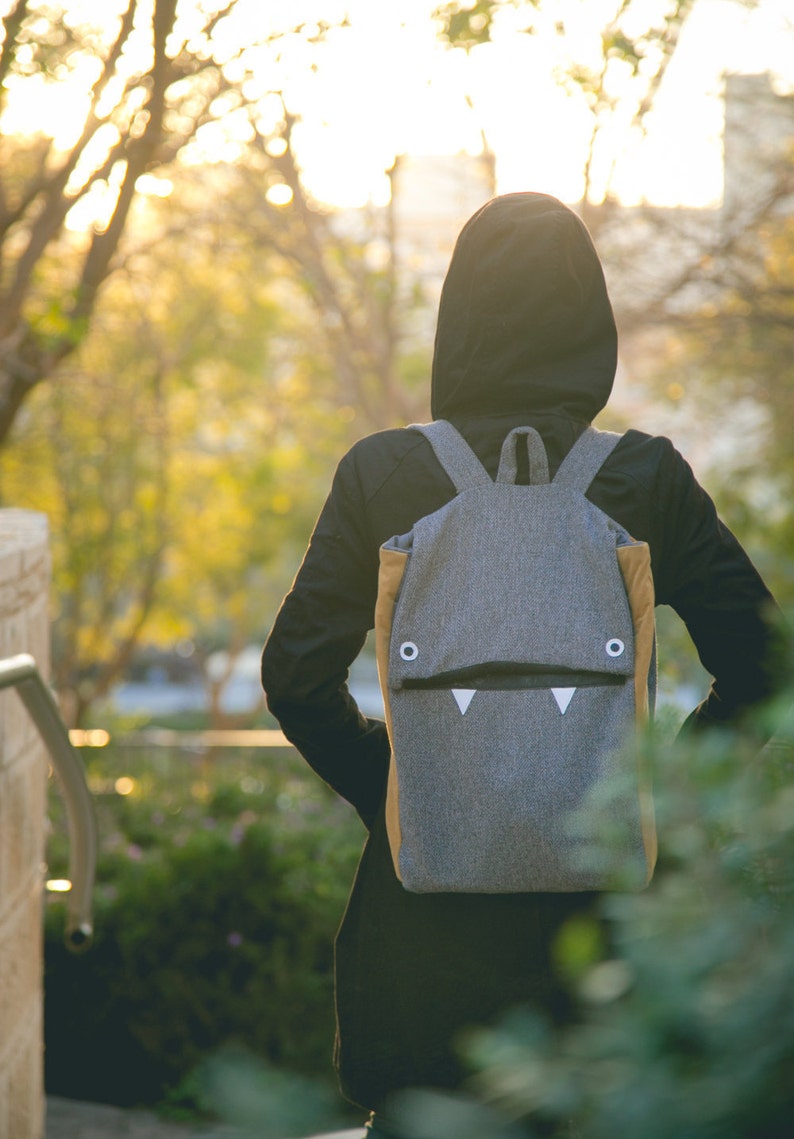 Gray Laptop Backpack, Grey Backpack, Vegan Backpack, Gray Laptop Bag, Monster Backpack, School backpack, College Backpack, Back to School image 5