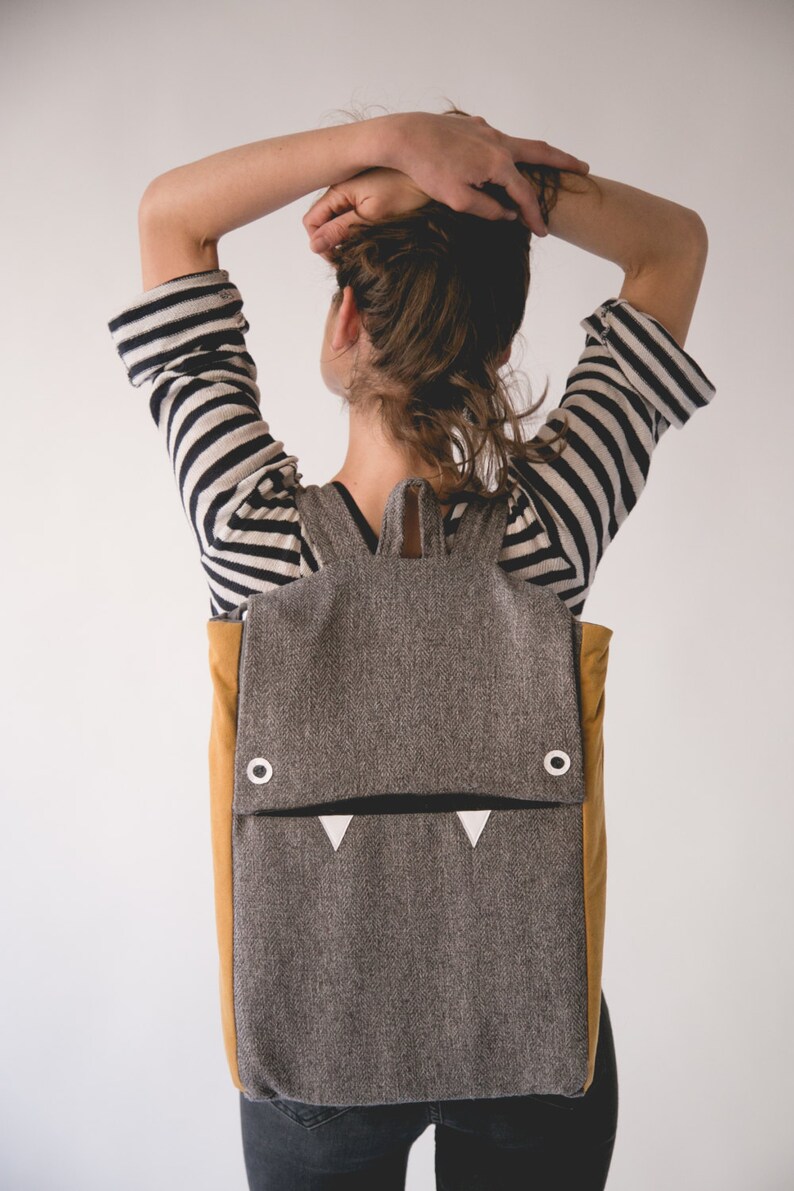 Gray Laptop Backpack, Grey Backpack, Vegan Backpack, Gray Laptop Bag, Monster Backpack, School backpack, College Backpack, Back to School image 1