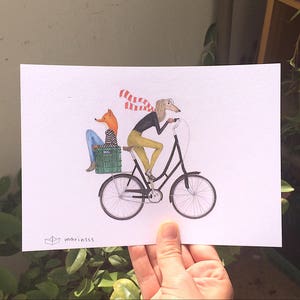 Friendship Art Print, Bicycle Art print, Bike Illustration, Fox Illustration, Dog Art Print, Bicycle Illustration, Tel Aviv Art, Cute Art image 6