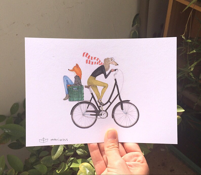 Friendship Art Print, Bicycle Art print, Bike Illustration, Fox Illustration, Dog Art Print, Bicycle Illustration, Tel Aviv Art, Cute Art imagem 6
