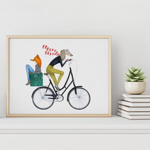 Friendship Art Print, Bicycle Art print, Bike Illustration, Fox Illustration, Dog Art Print, Bicycle Illustration, Tel Aviv Art, Cute Art image 3