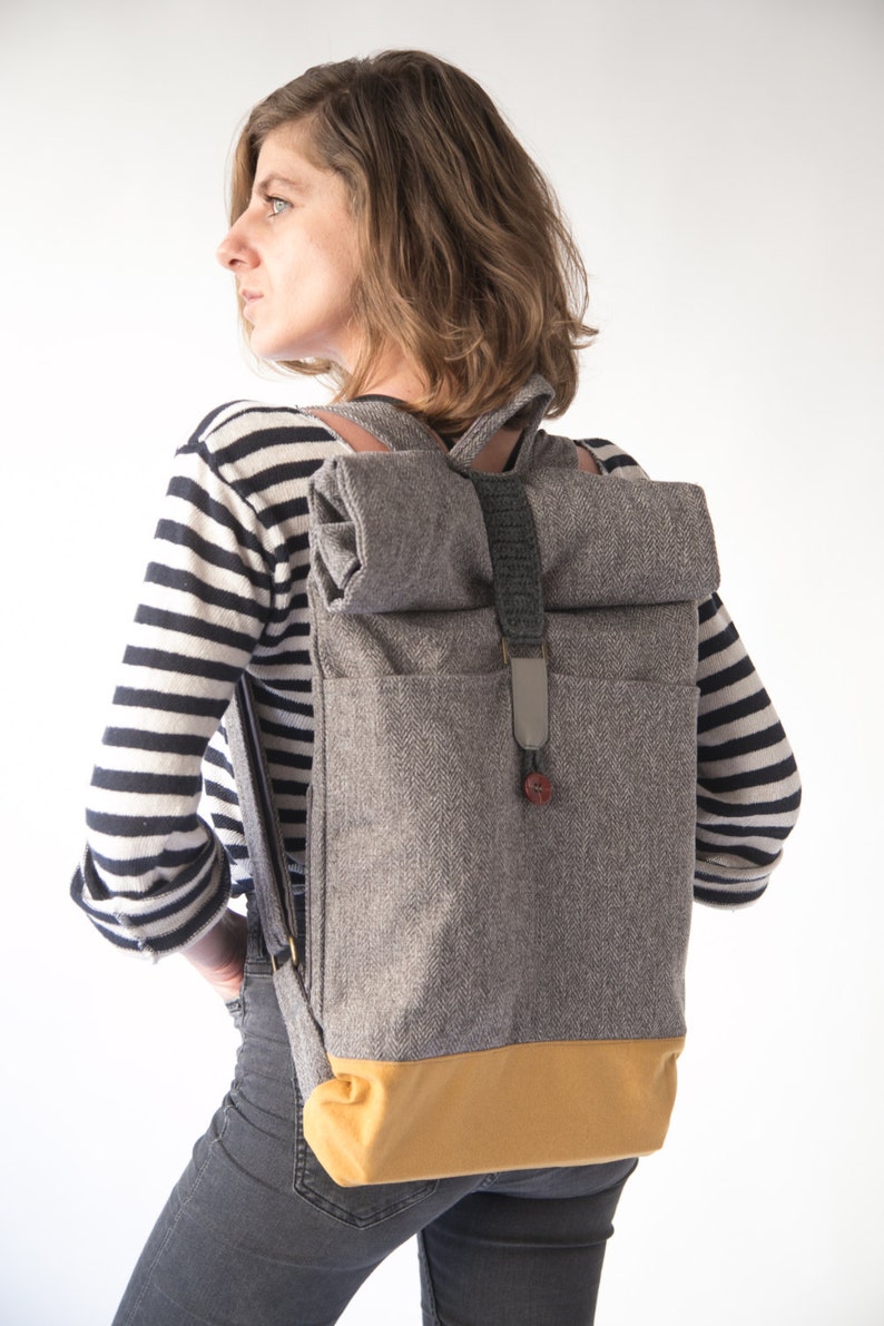 Gray Rolltop Backpack, Laptop Backpack ,Grey Backpack, Travel backpack, Men Backpack, Vegan backpack, Canvas backpack, Fabric backpack image 2