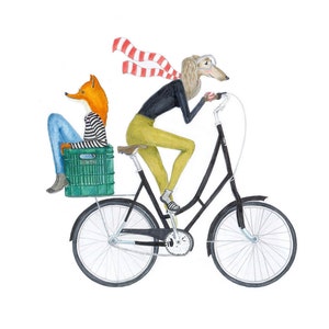 Friendship Art Print, Bicycle Art print, Bike Illustration, Fox Illustration, Dog Art Print, Bicycle Illustration, Tel Aviv Art, Cute Art image 2