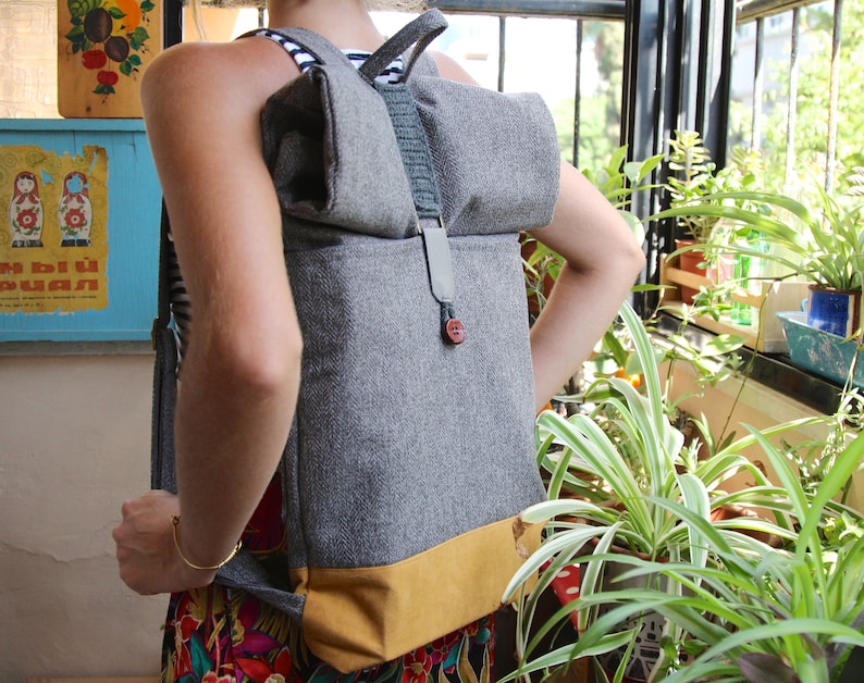 Gray Rolltop Backpack, Laptop Backpack ,Grey Backpack, Travel backpack, Men Backpack, Vegan backpack, Canvas backpack, Fabric backpack image 7