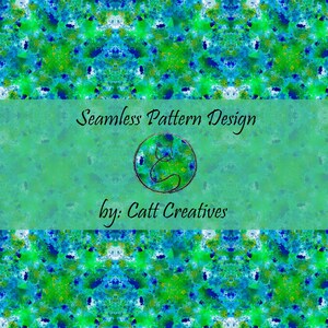 May include: A seamless pattern design featuring a blend of blue, green, and white abstract shapes. The design includes the text "Seamless Pattern Design" and "by: Catt Creatives". A circular logo with a cat silhouette is also present.
