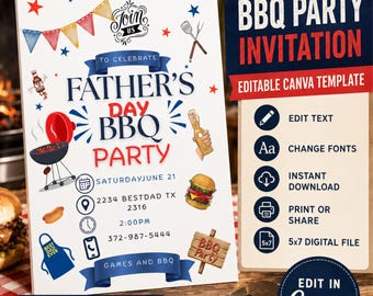 Plantilla editable de invitación para barbacoa / Día del Padre, invitación para parrillada, descarga digital, invitación de Canva