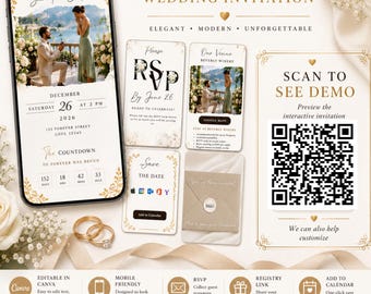 Paquete interactivo de invitaciones de boda, plantilla editable de Canva, registro de asistencia móvil (descarga digital)