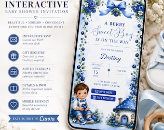 Berry Sweet Boy Baby Shower Invitation, Blueberry Theme, Editable Canva Template (Digital Download)