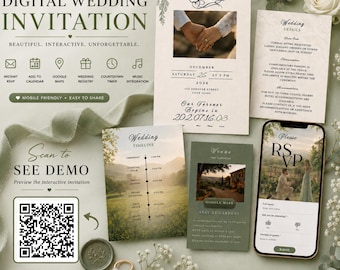 Paquete de invitaciones de boda campestres, plantilla editable de Canva, confirmación de asistencia interactiva (descarga digital)